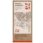 Kakau Worship Volcano Blast Chocolate with chili in a 75g bar, showcasing rich chocolate with chili ingredients and vibrant packaging.