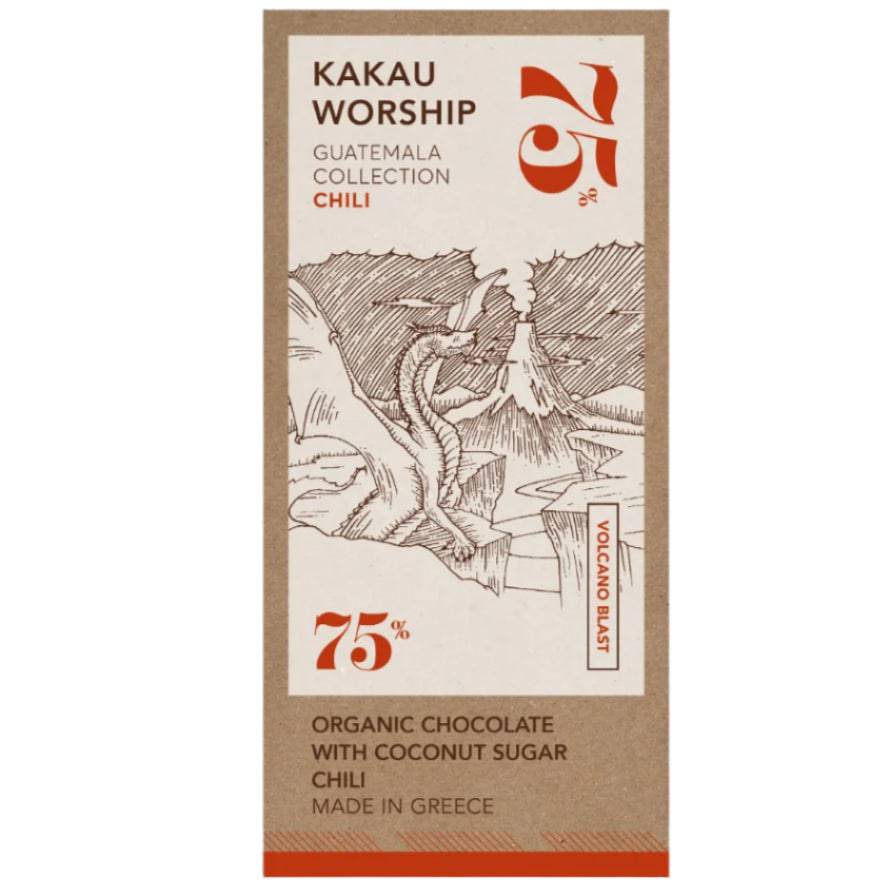 Kakau Worship Volcano Blast Chocolate with chili in a 75g bar, showcasing rich chocolate with chili ingredients and vibrant packaging.