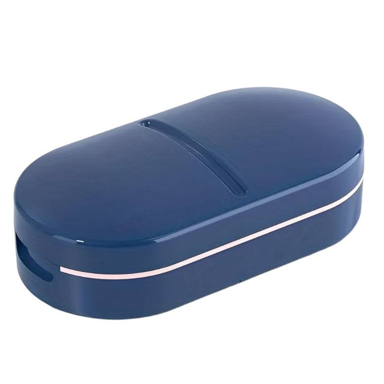 White portable 2-in-1 pill cutter and organizer from TEMU, featuring compact design and easy-to-use functionality.