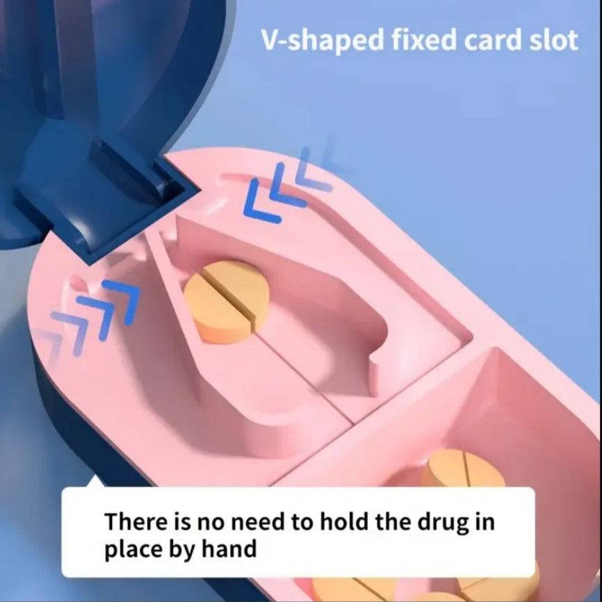 White portable 2-in-1 pill cutter and organizer by TEMU, featuring a compact design with separate compartments for pills and cutting.