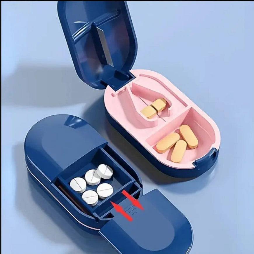 White portable 2-in-1 pill cutter and organizer by TEMU, compact design with compartments for medication management.