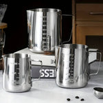 Stainless steel milk frothing pitcher by TEMU, with a handle and spout for steaming and pouring milk.