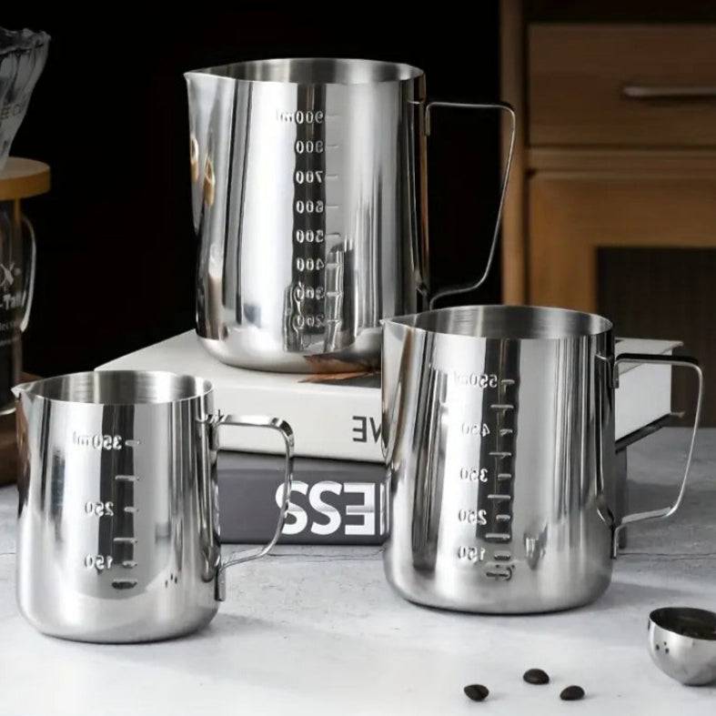 Stainless steel milk frothing pitcher by TEMU, with a handle and spout for steaming and pouring milk.