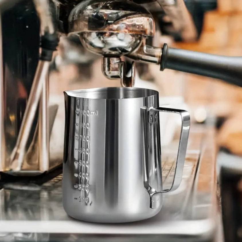 Stainless steel milk frothing pitcher by TEMU with a sleek, polished surface and ergonomic handle for barista-quality foam.