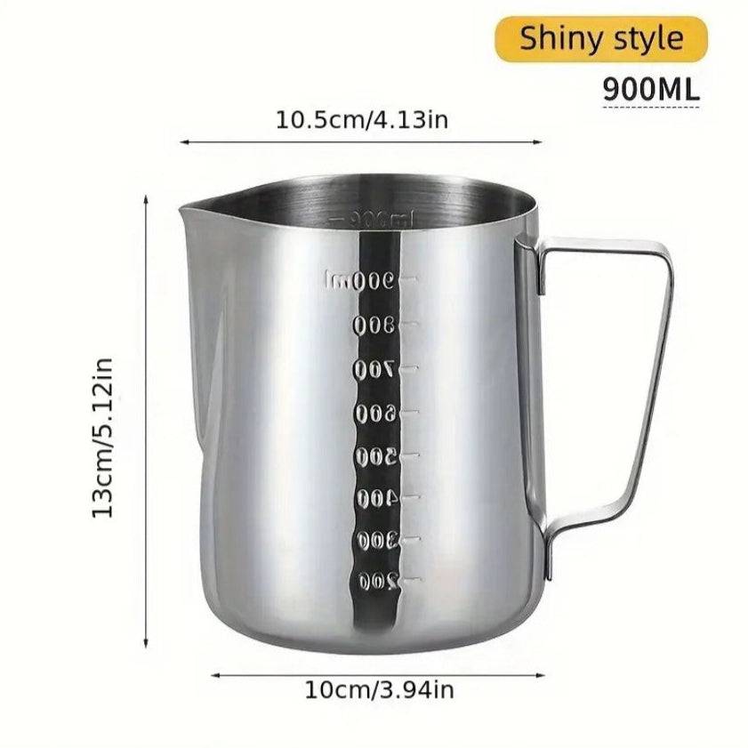 Stainless steel milk frothing pitcher by TEMU with a sleek, curved design for frothing and pouring milk.