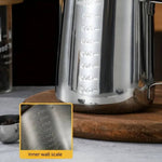 Stainless steel milk frothing pitcher by TEMU, with a sleek, polished finish and a handle for easy pouring.