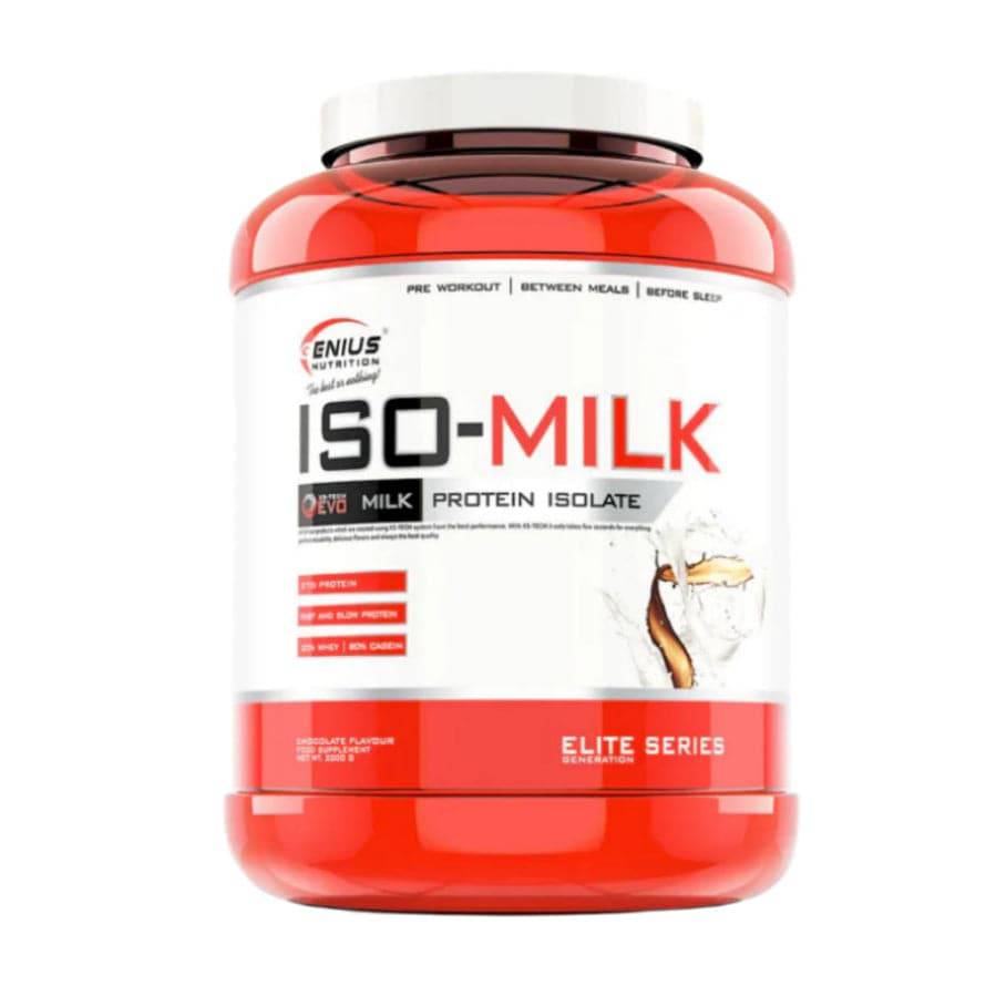 Genius Nutrition ISO-MILK protein powder in 2000g container, high-quality whey supplement for muscle recovery and growth.