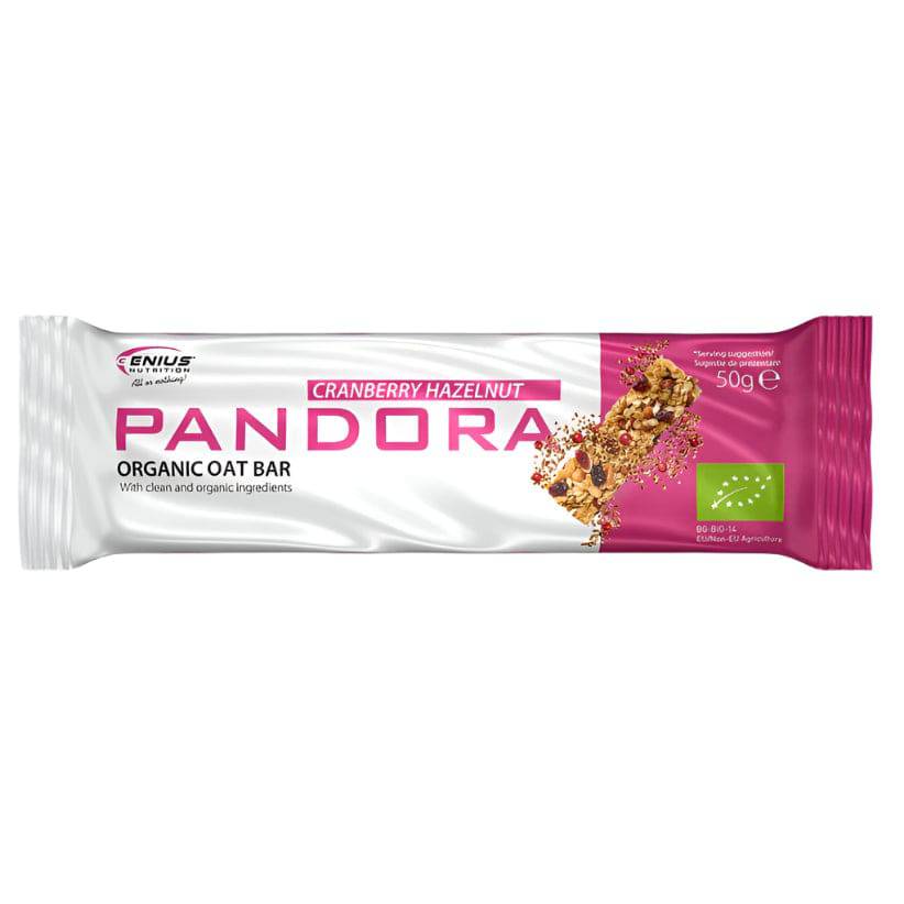 Genius Nutrition PANDORA OAT BAR 50g with hazelnuts and cranberries, energy snack in packaging.