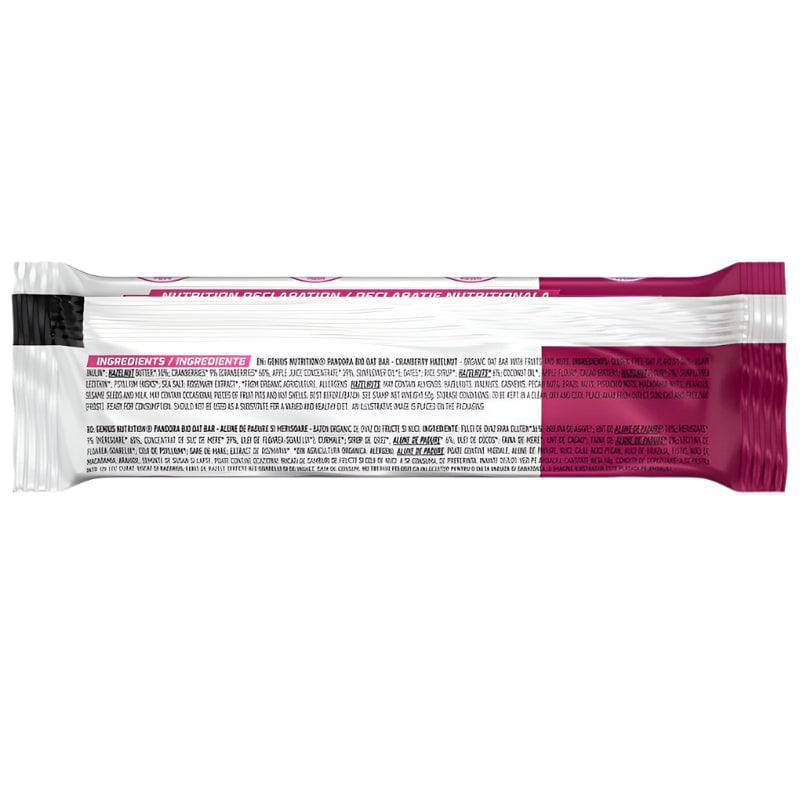 Genius Nutrition PANDORA OAT BAR 50g with hazelnuts and cranberries, energy snack on a white background.