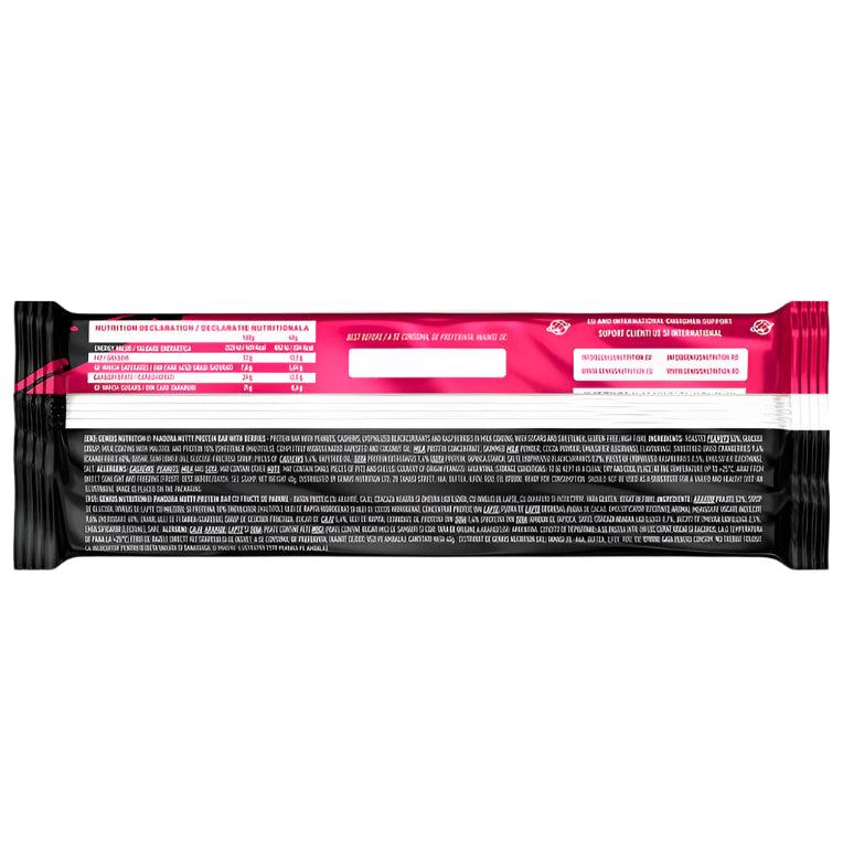 Genius Nutrition Pandora Nutty Protein Bar with berries, 40g energy snack, close-up image showing the bar's nut and berry ingredients