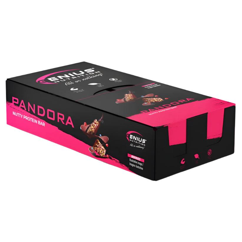 Genius Nutrition Pandora Nutty Protein Bar with berries, 40g energy snack, showing the bar with berry pieces and packaging.