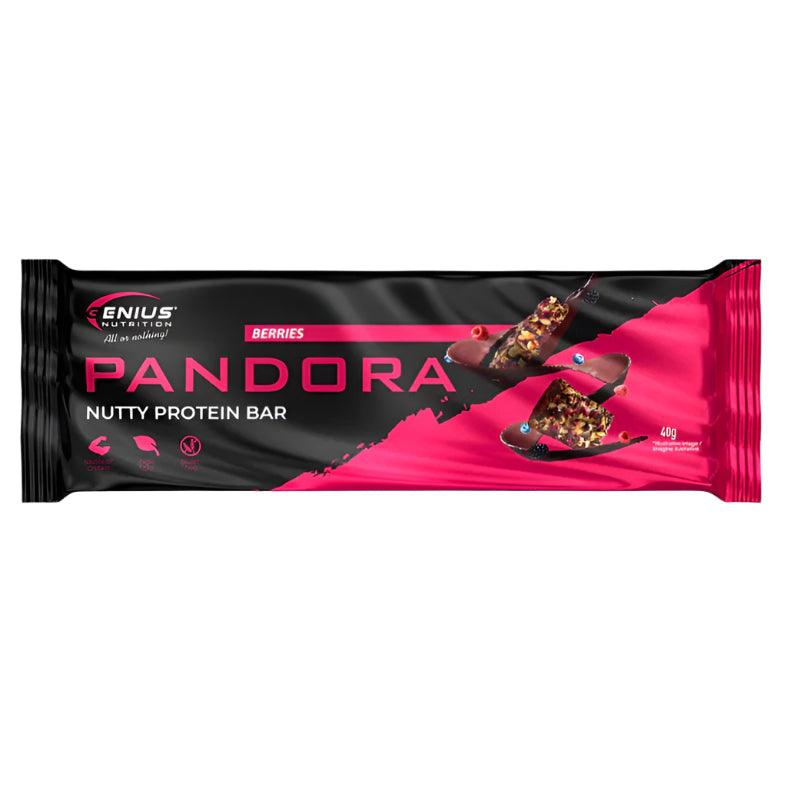 Genius Nutrition PANDORA Nutty Protein Bar with Berries, 40g energy snack showing the bar with berry pieces and nut toppings.