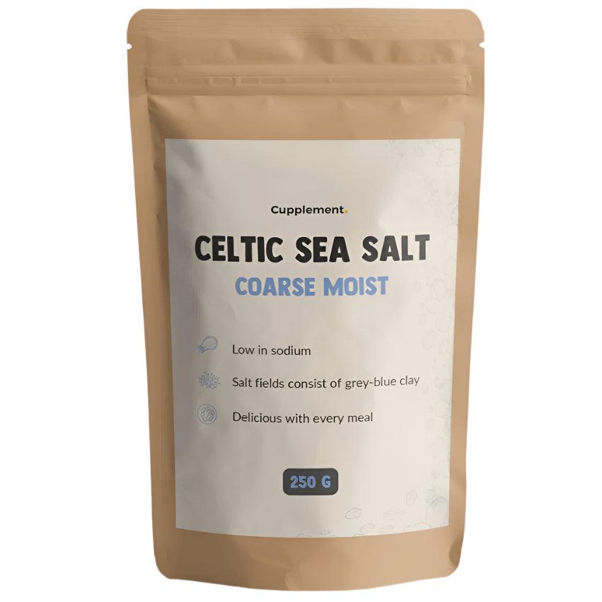 Herbalistas Celtic sea salt in a 250g container, showing coarse, natural mineral salt with a flaky texture.