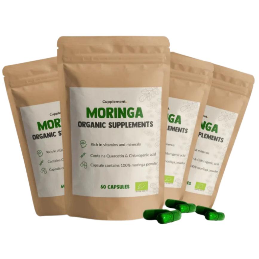 CUPLEMENT BIO Moringa superfood capsules, 60-count, featuring green Moringa leaves in a clear bottle on a white background.