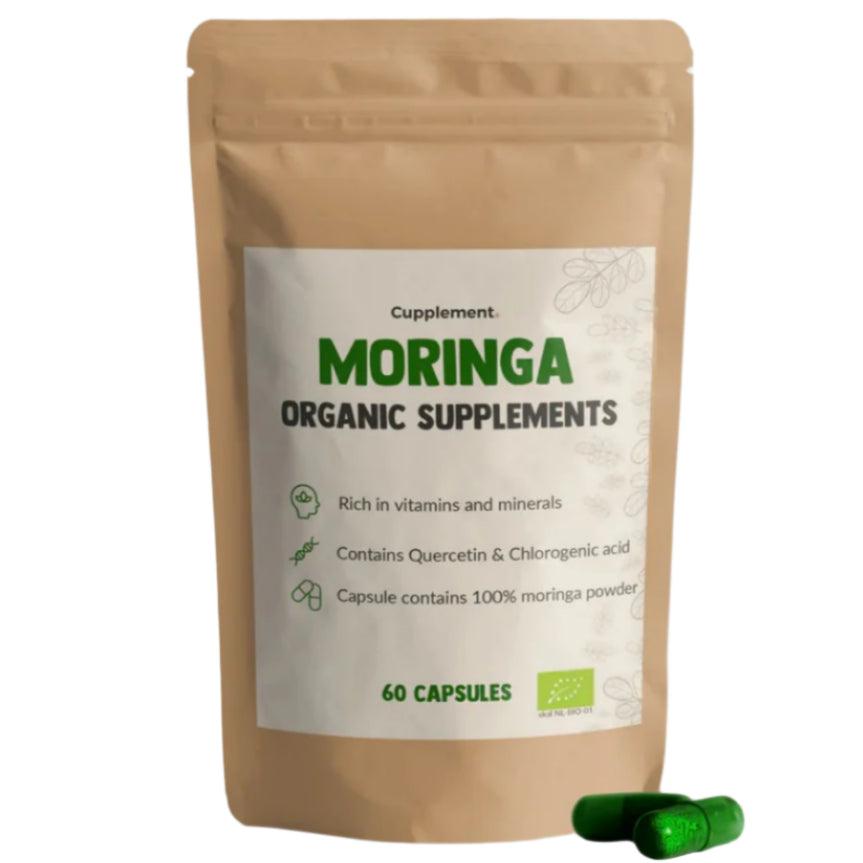CUPLEMENT BIO Moringa superfood capsules, 60-count, showing green Moringa plant and supplement bottle on a white background.