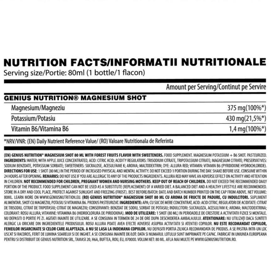 Genius Nutrition Magnesium Shot 80ML supplement bottle with label, showing a clear liquid inside the small plastic container.