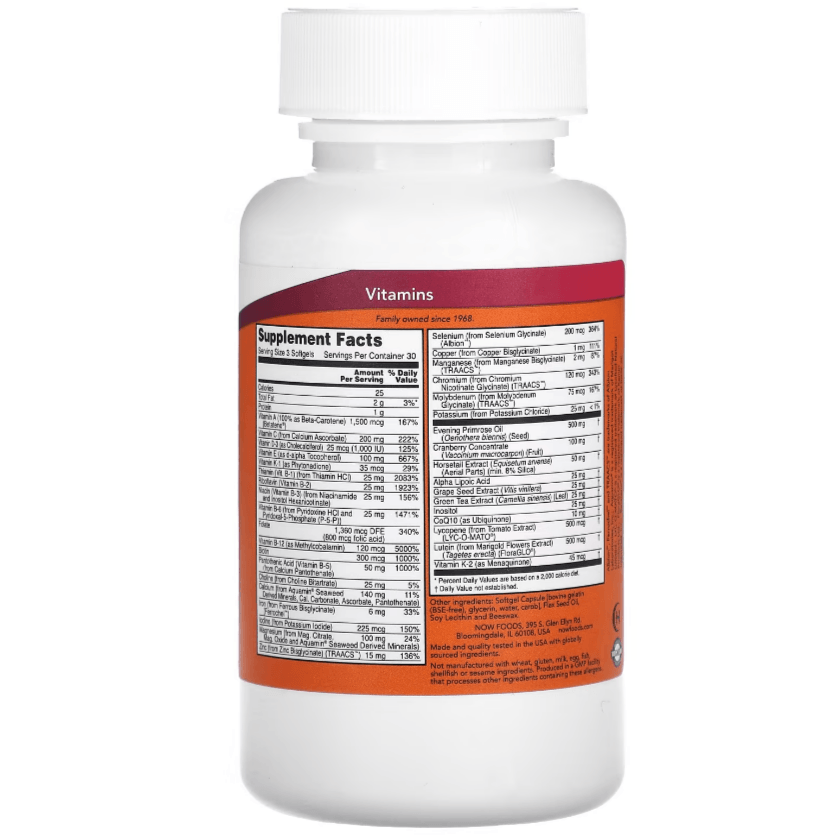 Bottle of NOW Foods EVE Superior Women's Multi softgels supplement with 90 softgels in a natural setting