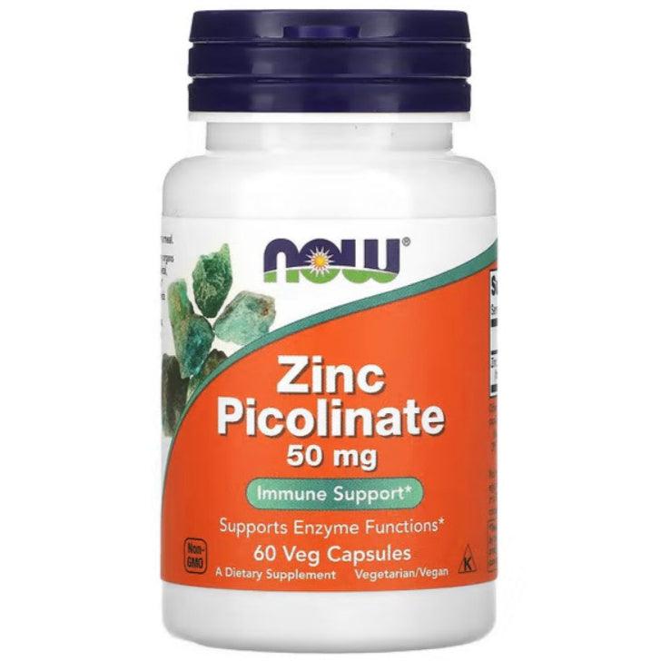 Bottle of NOW Foods Zinc Picolinate supplement with 50mg zinc, shown in a clear container on a white background.