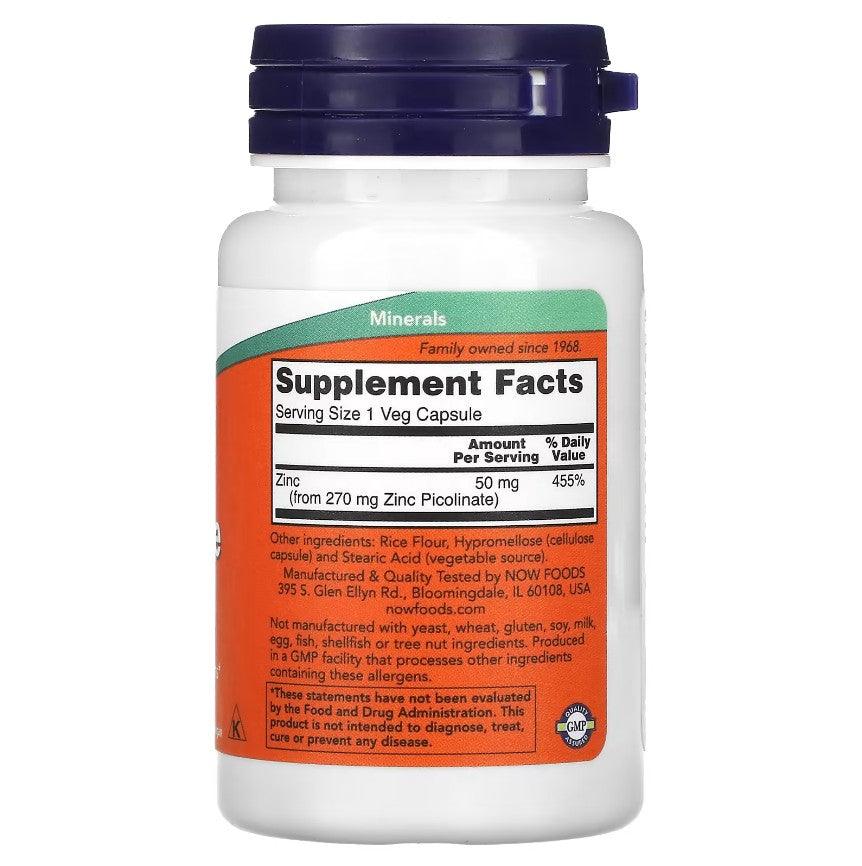 Supplement bottle of NOW Foods Zinc Picolinate 50mg, a dietary supplement for immune support and overall wellness.