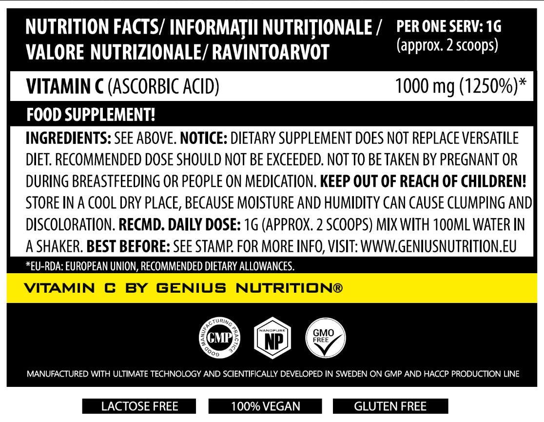 Genius Nutrition Vitamin C supplement 200g jar, showing the label and orange flavor imagery on the container.