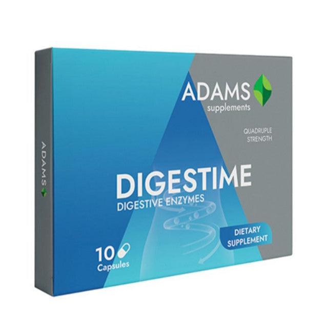 Bottle of Adams Supplements Digestime dietary supplement with 10 capsules, featuring label with product details and branding.