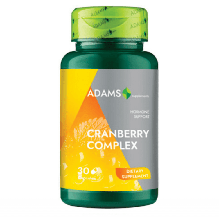 Bottle of Adams Supplements Cranberry Complex capsules, showing the supplement label with cranberry imagery and product details.