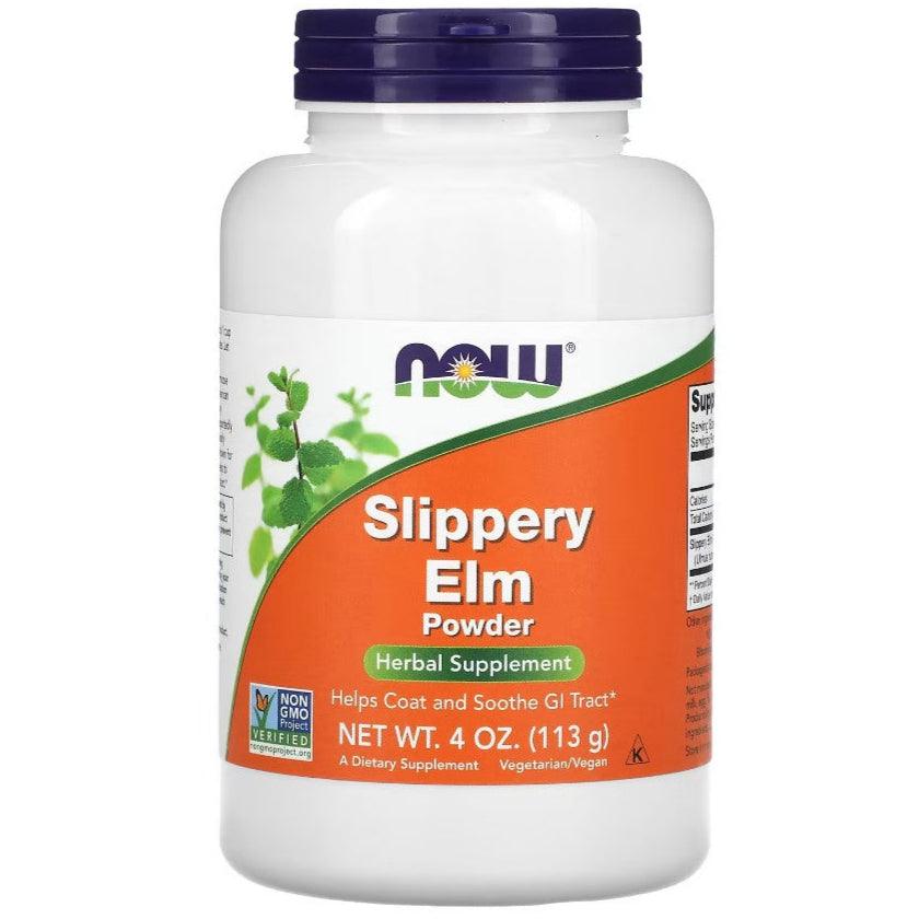 NOW Foods Slippery Elm Powder supplement in 4 oz container, natural herbal remedy with beige powder visible in the image.