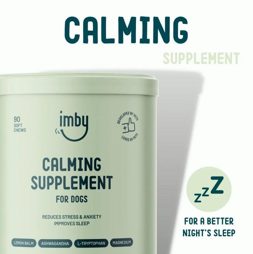 IMBY Calming dog product container with calming ingredients, designed to promote relaxation in dogs.