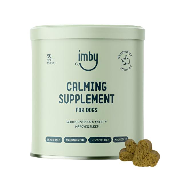 IMBY Calming dog product packaging with calming ingredients, designed to help reduce stress in dogs.