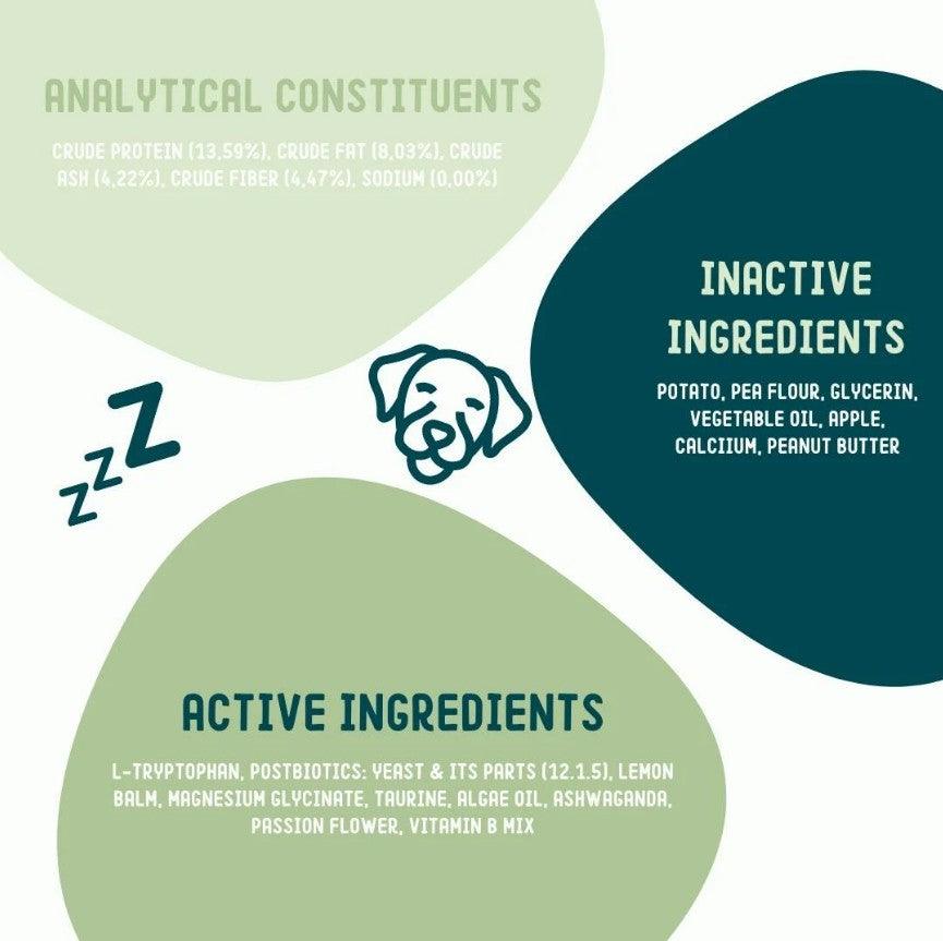 IMBY calming dog product, showing packaging with calming ingredients and a dog relaxing, designed to soothe pets naturally.