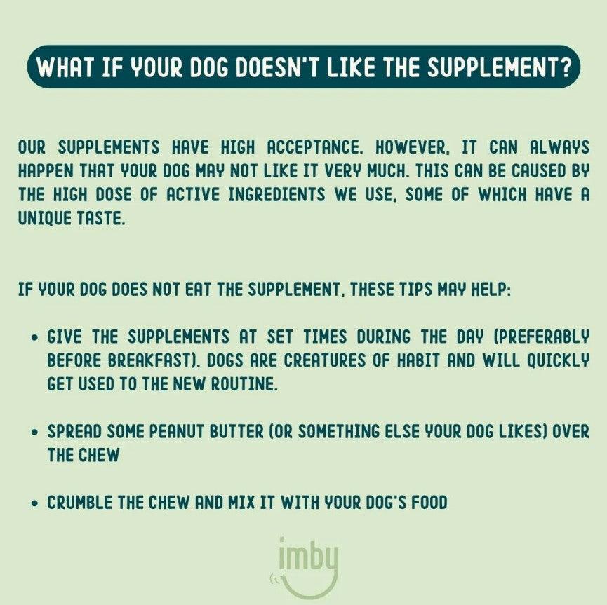 IMBY Calming dog product packaging with calming ingredients and gentle design, suitable for soothing dogs.