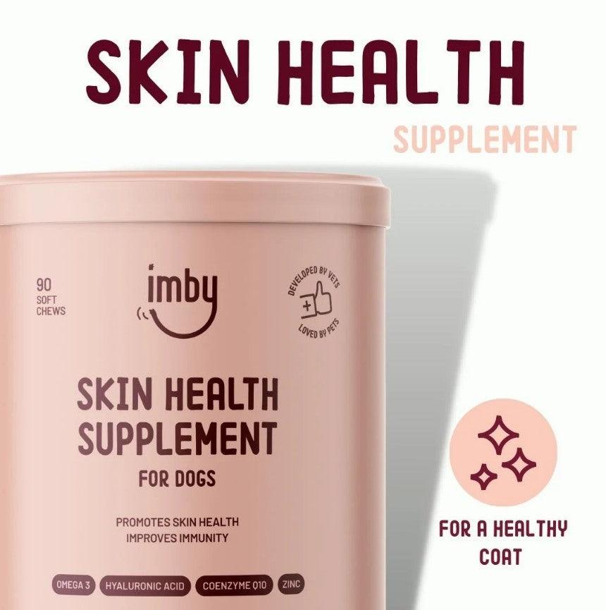 IMBY Skin Health dog supplement bottle with label, showcasing natural ingredients and branding for pet skin care.