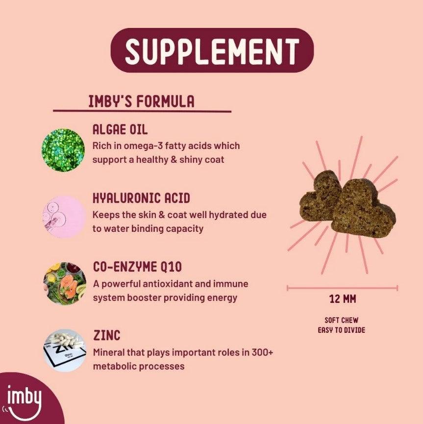 IMBY Skin Health dog supplement bottle with label, featuring natural ingredients and brand logo on a clean background.
