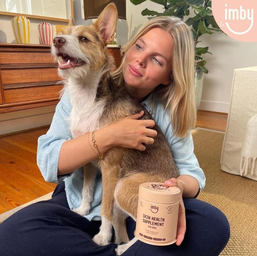 IMBY dog skin health supplement in a bottle, featuring natural ingredients for pet skin and coat support.