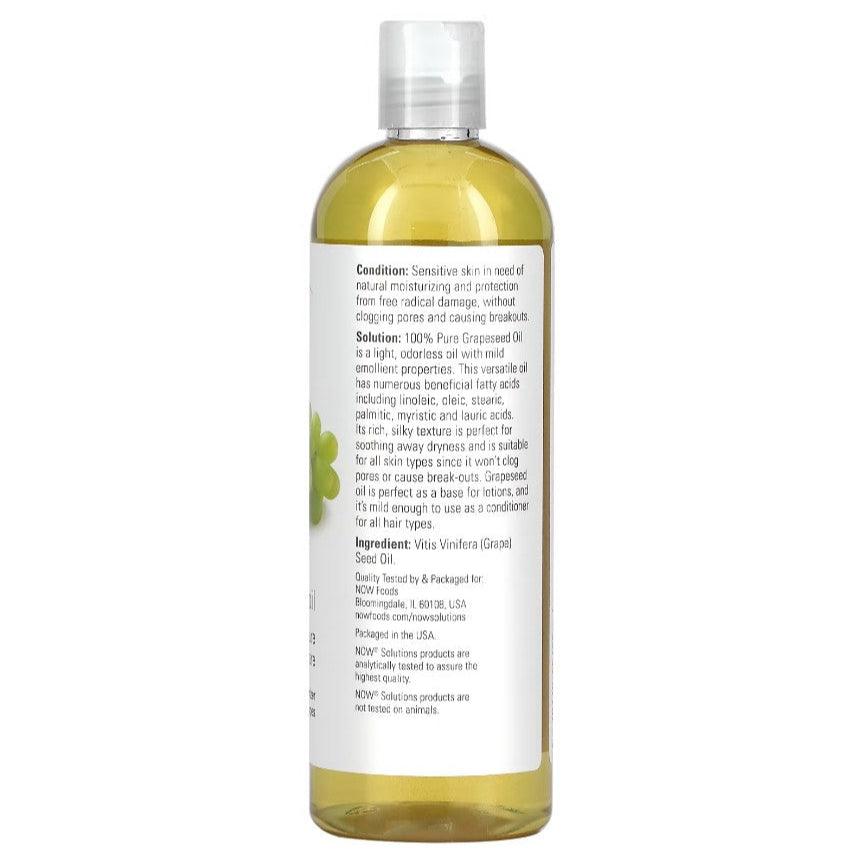 MKSTAVRINOS NOW Foods Grapeseed Oil in a 16 fl oz bottle, suitable for skincare, with a clear label and golden oil inside.