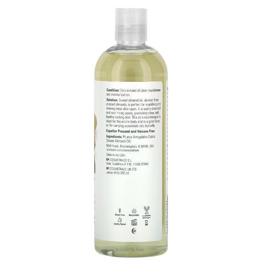 Pure NOW Foods sweet almond oil in a 16 fl oz bottle, natural moisturizing skin care product, unscented.