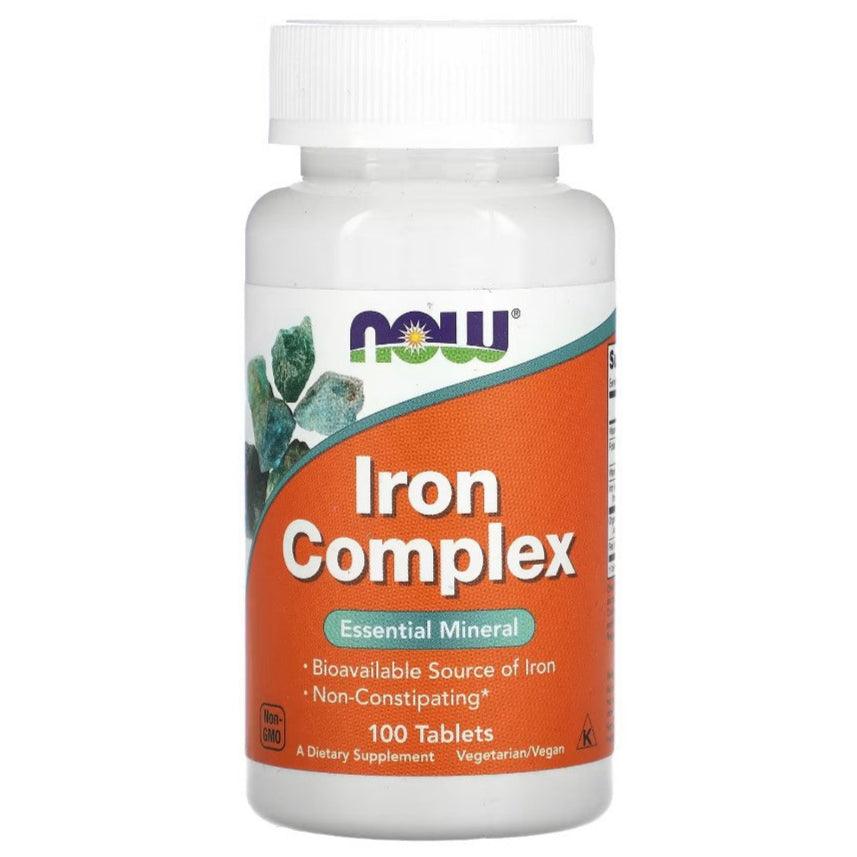 NOW Foods Iron Complex supplement with 100 tablets, featuring a bottle of dietary iron tablets on a white background.