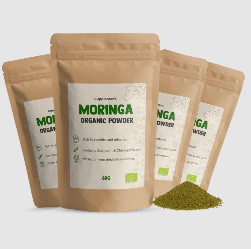 CUPLEMENT BIO Moringa Powder superfood in 60g package, green powdered supplement with fresh Moringa leaves.