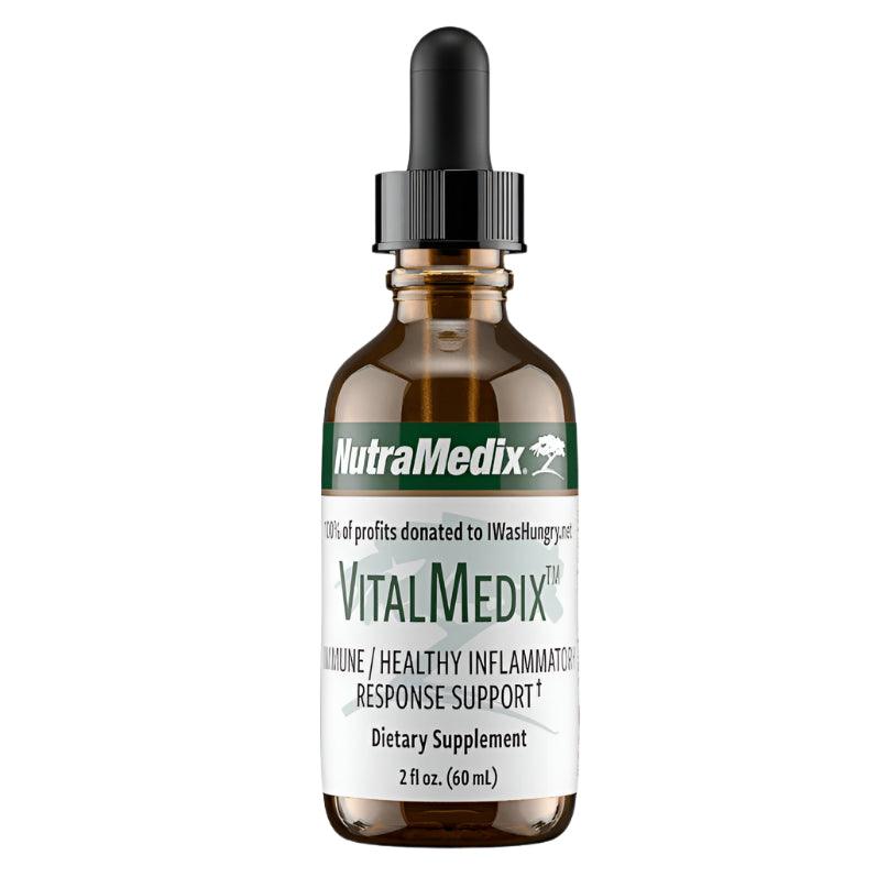 Sentosa Nutramedix Vitalmedix supplement bottle with label, featuring white and green packaging and supplement details.