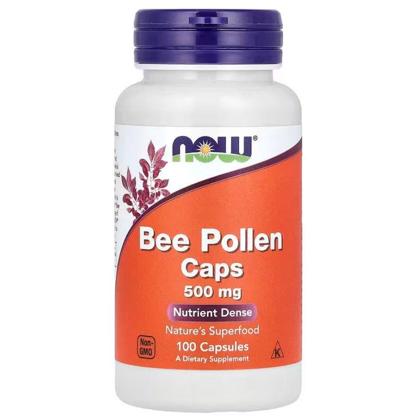 MKSTAVRINOS NOW Foods bee pollen capsules, 1,000 mg supplement, 100 softgel capsules with 500 mg bee pollen per capsule.
