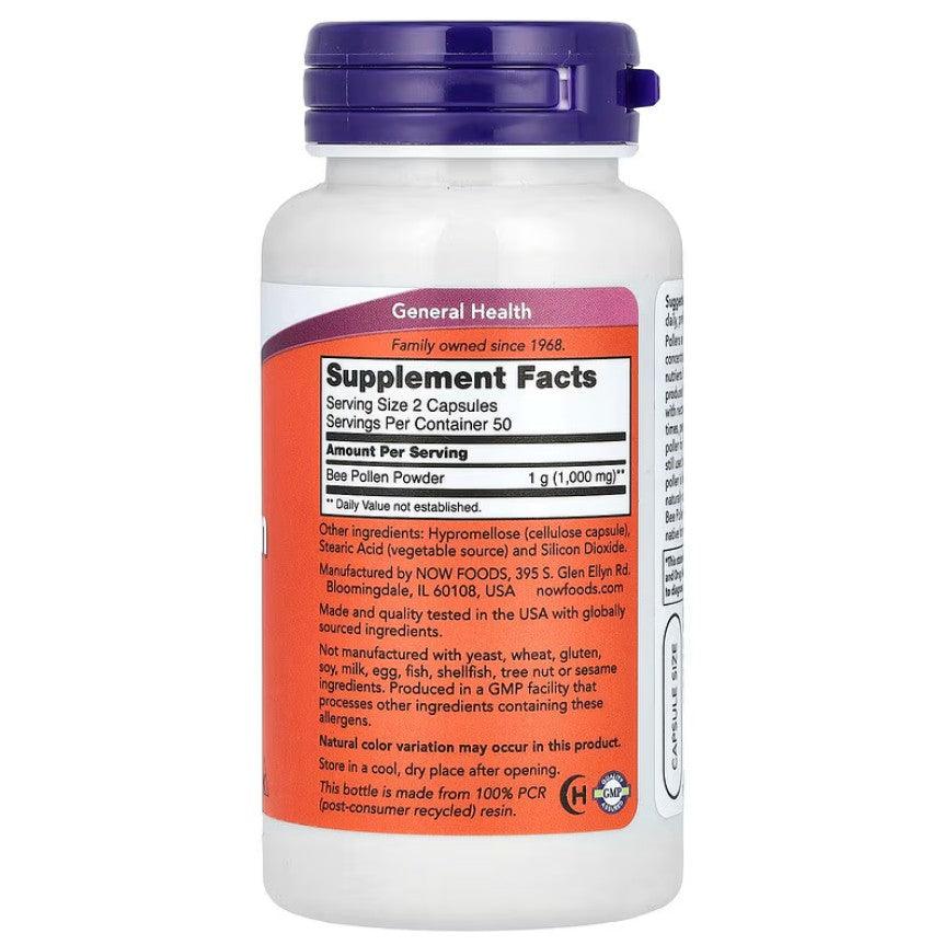 NOW Foods Bee Pollen Capsules, 100 capsules of 500 mg each, supplement with natural bee pollen in a clear plastic bottle.