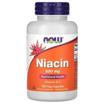 NOW Foods Niacin 500 mg supplement in a bottle of 100 vegetarian capsules, designed to support healthy energy metabolism.