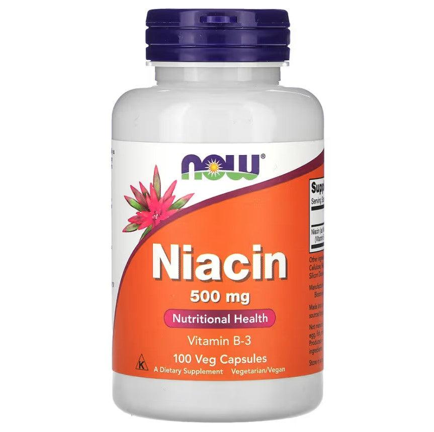 NOW Foods Niacin 500 mg supplement in a bottle of 100 vegetarian capsules, designed to support healthy energy metabolism.