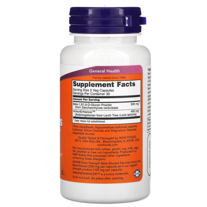 MKSTAVRINOS NOW Foods Beta-Glucans supplement bottle with 60 vegetarian capsules and ImmunEnhancer, 250 mg strength.