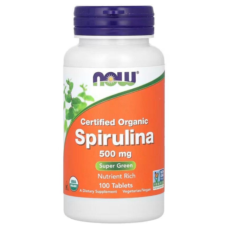 Old Products NOW Foods Certified Organic Spirulina supplement 3,000 mg in 100 tablets, showing the supplement bottle and tablets.