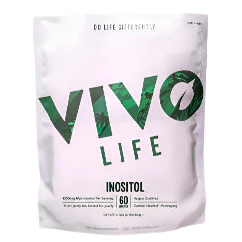Vivo Life Inositol Powder supplement container with scoop, 60 servings, natural supplement for health and wellness.