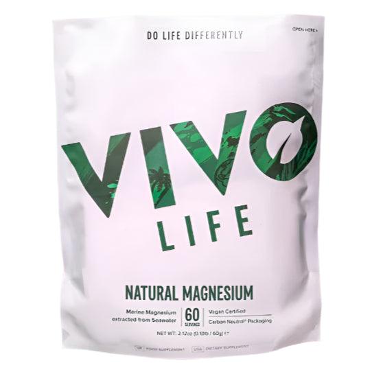 Vivo Life Marine Magnesium supplement powder in a container, showing the label with 60 servings, natural mineral supplement for relaxation