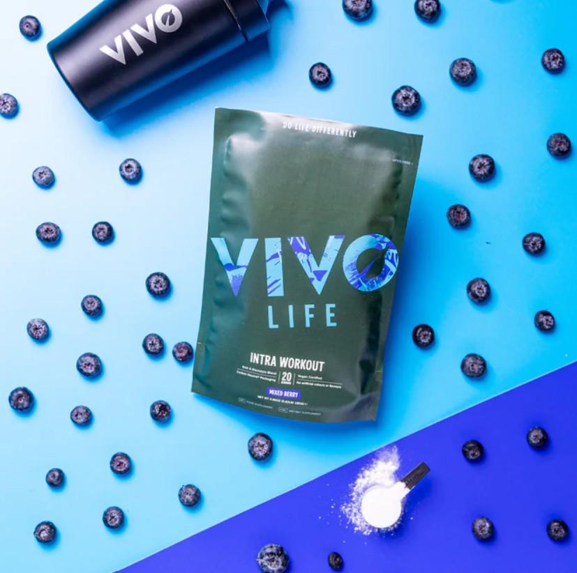 Vivo Life intra-workout supplement container with 20 servings, featuring colorful label and nutritional information.