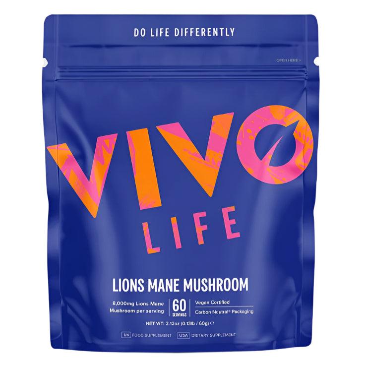 Vivo Life Lion's Mane Mushroom Powder supplement in a jar, showing the label with 8:1 extract and 60 servings.