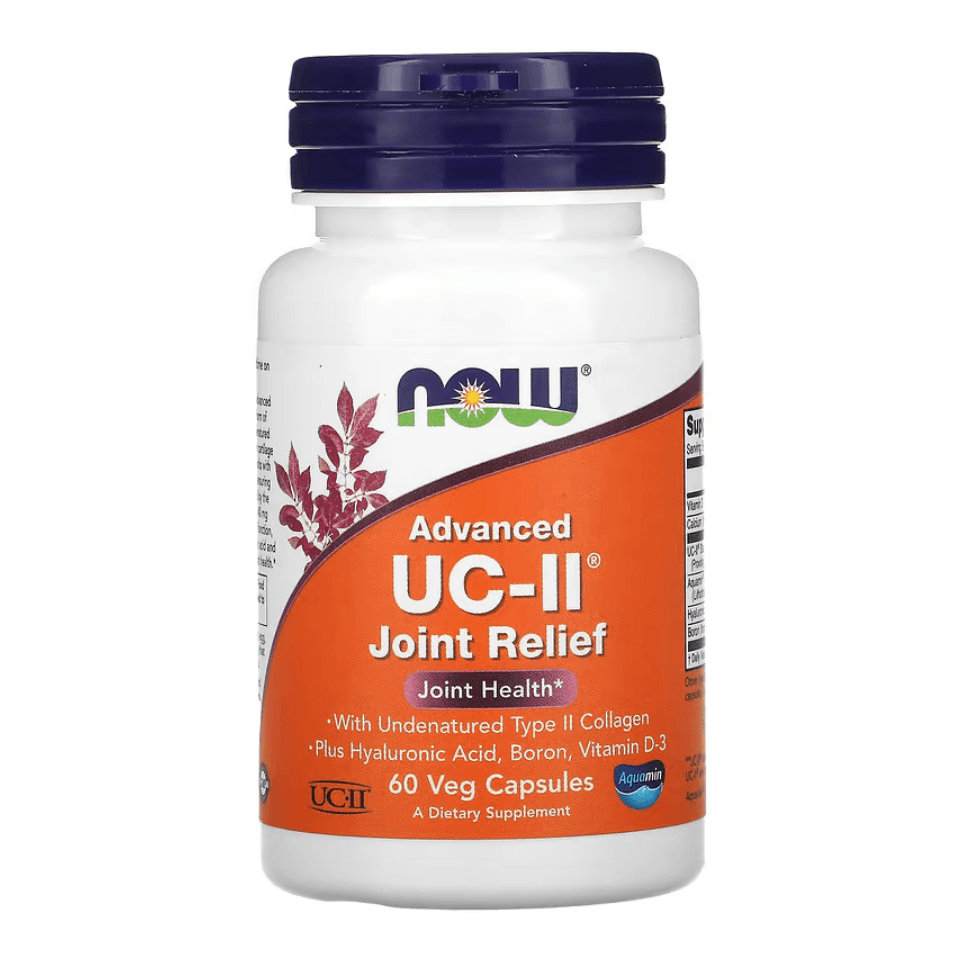 MKSTAVRINOS NOW Foods Advanced UC-II® Joint Relief supplement in 60 veg caps, showing the product bottle and label.